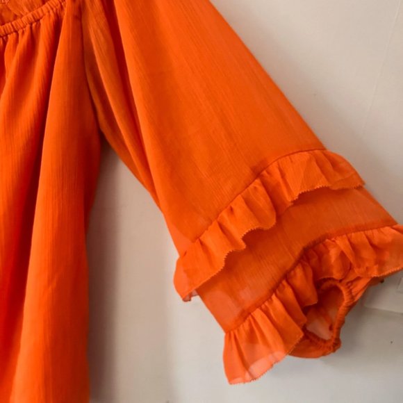 river island womens uk 14 orange chiffon ruffle stretchy tassel blouse top - Picture 3 of 6